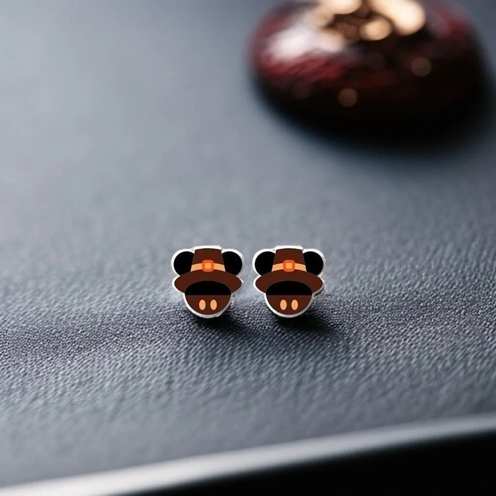 Thanksgiving Pilgrim Hat Mouse Ears Stud Earrings NWT Festive Fall Jewelry